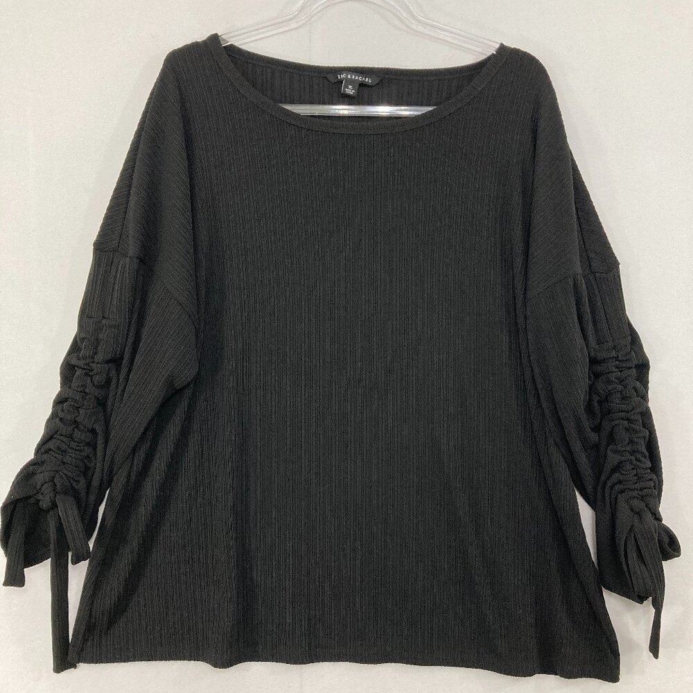 Zac & Rachel Top size XL Black Ruched Sleeve Pleated Textured Stretch Office‎